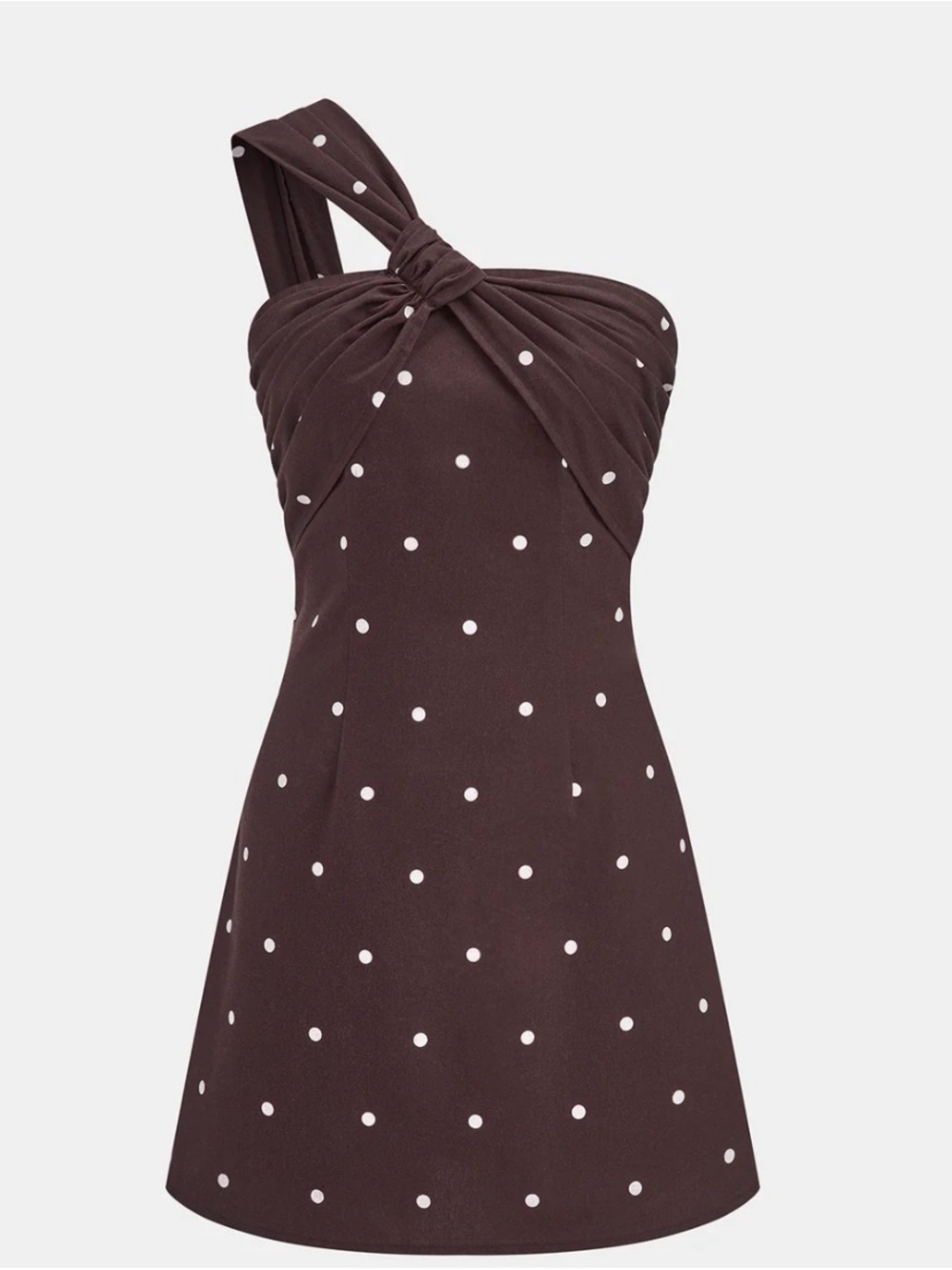 Commense One-Shoulder Polka Dot Dress in Brown and White